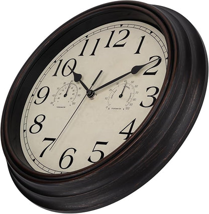 Foxtop Indoor Outdoor Waterproof Wall Clock with Thermometer and Hygrometer Combo, 14 Inch Retro Silent Non-Ticking Battery Operated Quartz Round Outdoor Clocks for Patio Home Office (Bronze)