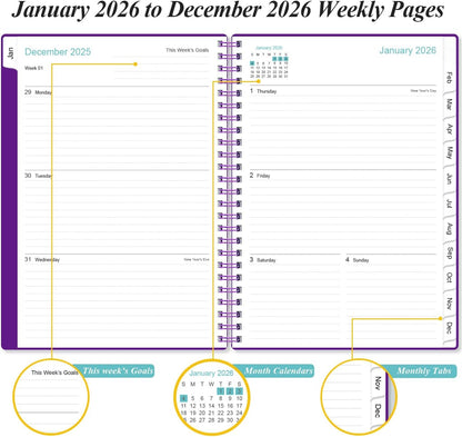 2026 Planner - Planner 2026 from January 2026 - December 2026, Weekly & Monthly Planner Spiral Bound with 12 Monthly Tabs, Inner Pocket, 6.4" x 8.5", Purple-B