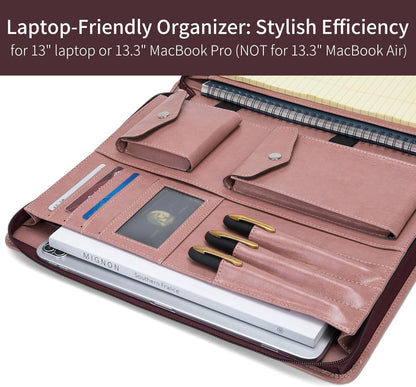 Personalized Vegan Leather Portfolio with Hidden Handle, Zippered Front Pocket, 8.5 x 11 Notebook Holder, Custom Business Legal Padfolio Travel Folio for Women, Pink