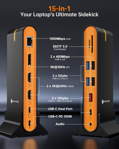 NOVOO 15-in-1 Vertical/Horizontal USB C Docking Station Triple Monitor – 8K@30Hz DP, Dual 4K@60Hz HDMI, 10Gbps USB-A/C, SD/TF, 1Gbps Ethernet,Dual Monitor Adapter Dock for MacBook, Windows Laptops