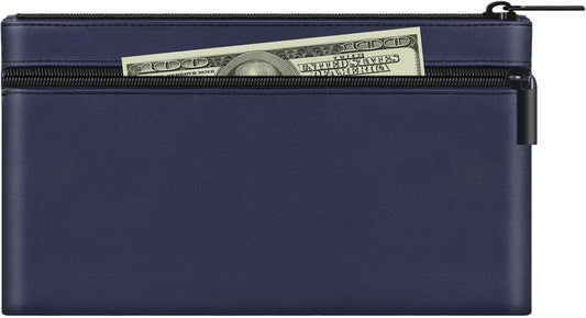 HAUTOCO Money Bag with Zipper 11x6.1 inch Money Pouch with Lined PU Leather Bank Bag Two Pockets Utility Wallet for Cash Check Receipt Coins Cosmetics, Dark Blue