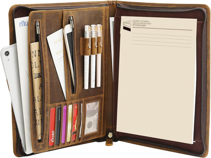 Ringsun Genuine Leather Portfolio with Zipper for Men Women, Padfolio Business Resume A4/Pad, Folder Organizer, Brown, RS01