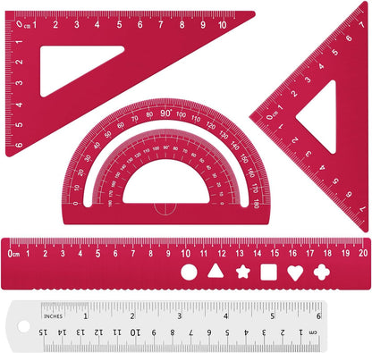Honagu Triangular Ruler Set, 4+1Pieces Aluminum Alloy Ruler, Metal Drafting Ruler, Geometric Protractor for Students, School Office Supplies (Red, 20cm)