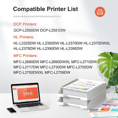 v4ink 4PK Compatible TN760 Toner Replacement for Brother TN760 TN-760 TN730 TN770 Toner Cartridge for Brother HL-L2350DW HL-L2390DW HL-L2395DW HL-L2370DW MFC-L2710DW MFC-L2750DW DCP-L2550DW Printer