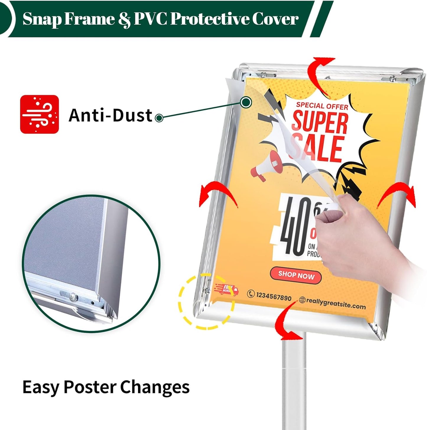 Heavy Duty Pedestal Sign Holder for Display, 11 x 17 inches Adjustable Floor Standing Sign Holder with Weighted Base , Vertical and Horizontal View Sign Stand for Indoor/Outdoor Advertising，Silver