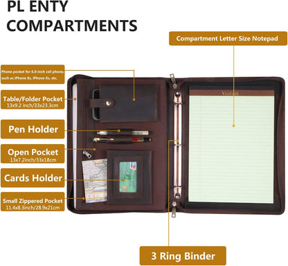 Professional Leather Business Padfolio Portfolio Case, 3 Ring Binder,Zippered Business Document Organizer Tablet Holder Folder Case,with Letter Size Notepad (Dark Brown Upgraded version)