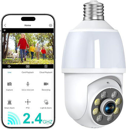 52HZ 2K Light Bulb Security Camera, 5G&2.4GHZ WiFi Lightbulb Security Cameras Wireless Outdoor Indoor, Two-Way Talk, Human Detection, Color Night Vision, Light Socket Security Camera Work with Alexa