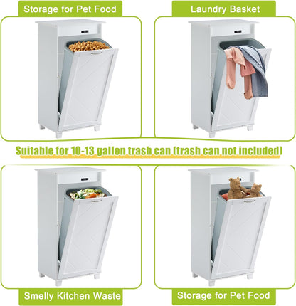 VECELO Tilt Out Kitchen Trash Bin Cabinet, Dog Proof Garbage Can with Wood Holder Free Standing Recycling, White