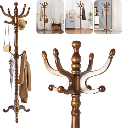 Solid Wood Coat Rack – 74.8" Freestanding Coat Racks Stand with 11 Hooks & Stable Base, Adjustable Height Modern Wooden Hall Tree for Entryway, Bedroom, Office, Home (Walnut Triangle)