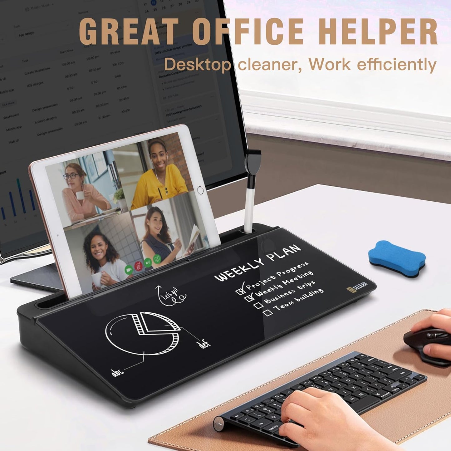 SELEAD Desktop Glass Whiteboard with Organizer, Markers, Eraser - Dry Erase Board Computer Pad Keyboard Stand with Drawer and Holder for Home, School, Office - Black