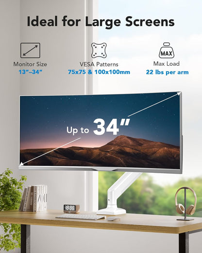 HUANUO Single Monitor Arm 13-34 Inch, Adjustable Gas Spring Arm, Monitor Desk Mount for 4.4-22lbs, VESA 75/100mm with C-Clamp/Grommet Base, Ergonomic Stand for Work/Gaming