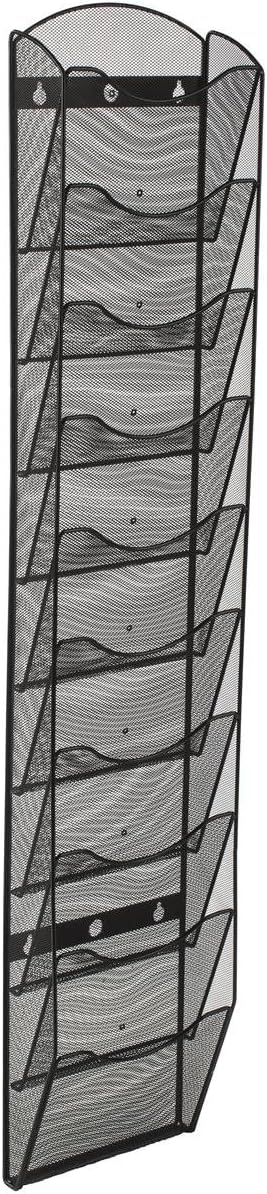 Displays2go Wall Mount Literature Rack, File Folder Organizer, 10 Dividable Pockets (Black Steel Mesh)