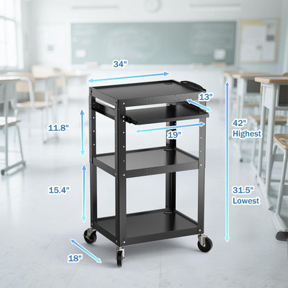 Steel AV Cart on Wheels - Rolling Projector Cart with Height Adjustable Shelf, Pullout Keyboard Tray, Power Strip, Cord Management - Mobile Media Carts Computer Workstation for Office Classroom