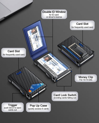 Wallet for Men RFID Wallet with 2 ID Windows & Money Clip, Slim Pop Up Card Holder for 10-12 Cards, Bifold Minimalist Smart Wallet for Front Pocket, Compact Metal Credit Card Holder, Gifts for Men