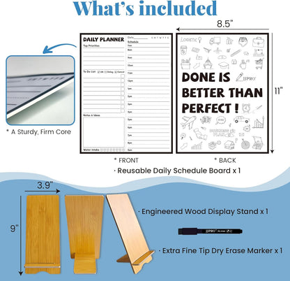 JJPRO Reusable Desktop Daily Planner with Stand,Reusable Time Schedule Board,11"x8.5" Hourly Schedule Dry Erase Board with Time Slots,Desk Hourly Dry Erase Board with Detachable Engineered Wood Stand for Office, Home