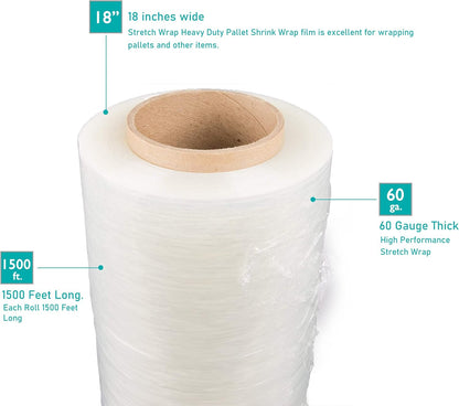 256 Rolls 18" x 1500 Ft Stretch Wrap Heavy Duty, Industrial Strength Shrink Wrap, 55 Gauge High Performance Stretch Film Replaces 80 Gauge Low Films, Clear Hand Stretch Wrap