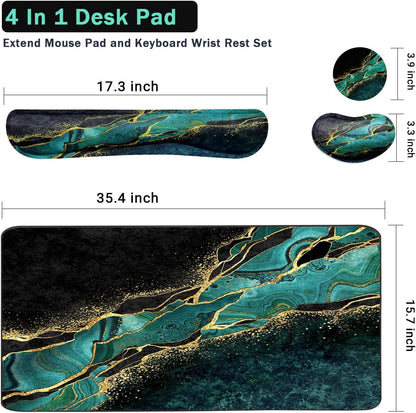 Keyboard Mouse Pad Set, Extended Mouse Pad+Keyboard Wrist Rest Support, Memory Foam Ergonomic Easy Typing, 3Pcs (35.4×15.7 in) Desk Pad Set for Home Office Study Game - Malachite Marble
