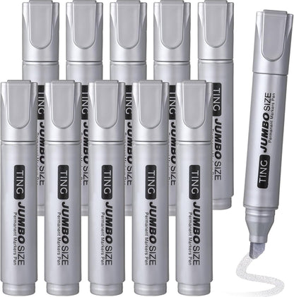 Fuutreo 10 Pack Jumbo Permanent Markers Bulk Large Chisel Tip Permanent Markers Quick Drying Waterproof Big Huge Poster Pens for Office, Logistics Company and More(Silver)
