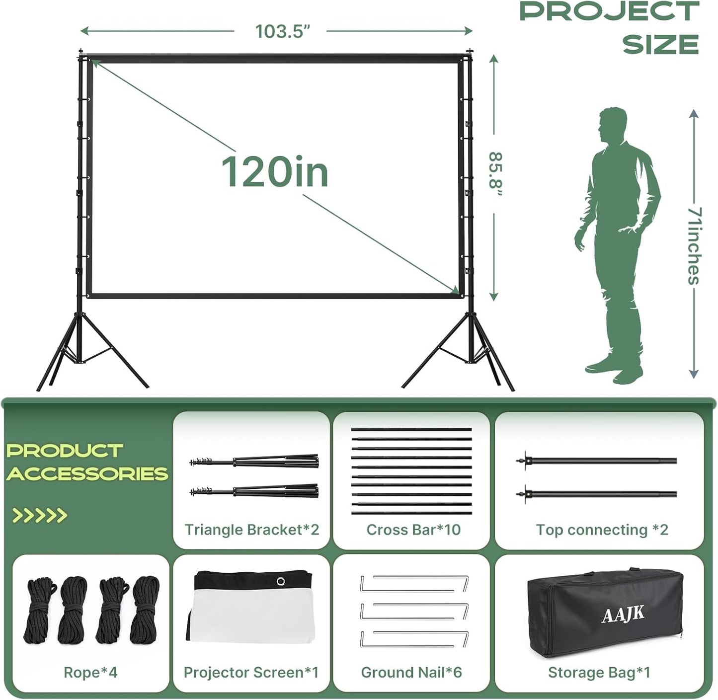 AAJK 120-inch Portable Projector Screen with Stand – Elevate Your Outdoor Movie Nights with 4K HD Clarity and Lightweight Convenience