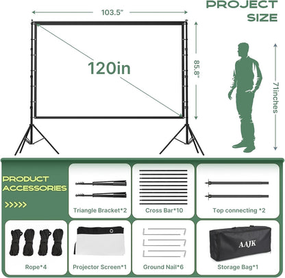 AAJK 120-inch Portable Projector Screen with Stand – Elevate Your Outdoor Movie Nights with 4K HD Clarity and Lightweight Convenience
