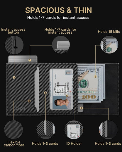 typecase Mens Wallet Card Holder: Pop Up Aluminum Case, Genuine Leather, Smart, RFID Blocking, Slim, Minimalist, Front Pocket - 9-14 Card Capacity | ID Window | Cash Slot (Carbon Fiber)