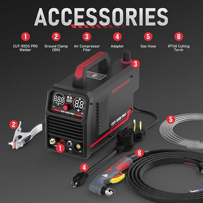 YESWELDER 55 Amp Plasma Cutter Non-High Frequency, Large LED Digital Display Non-Touch Pilot Arc, Digital DC Inverter 110/220V Dual Voltage Plasma Cutting Machine CUT-55DS PRO NEW