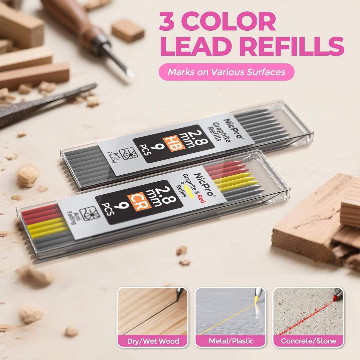 Nicpro CP3000 Carpenter Pencil with Sharpener, Construction Mechanical Pencils with 19 Refills, Heavy Duty Construction Pencil, Pink Woodworking Tools For Women, Great for Marking On Wood, Metal