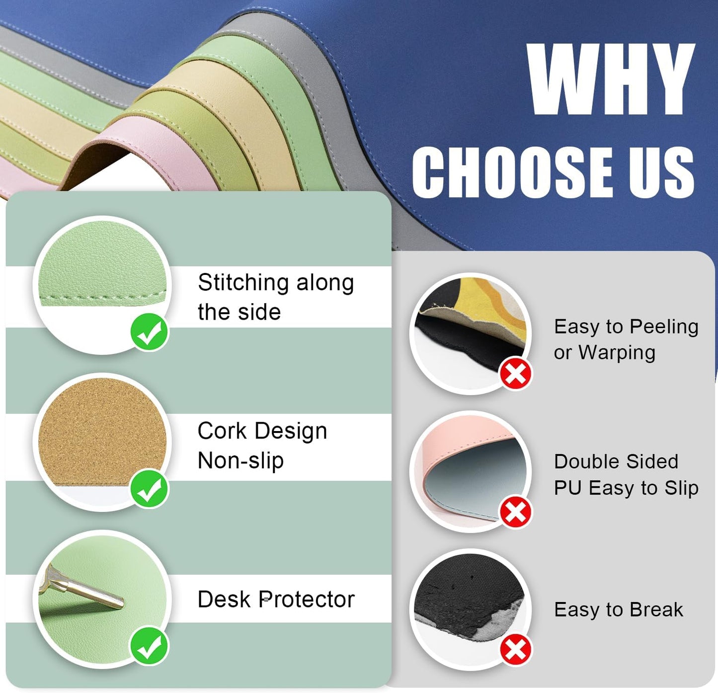 Large Non-Slip PU Leather Office Mat, 55'' x 17'', Laptop Desk Blotter Pad for Home & Office, Light Green