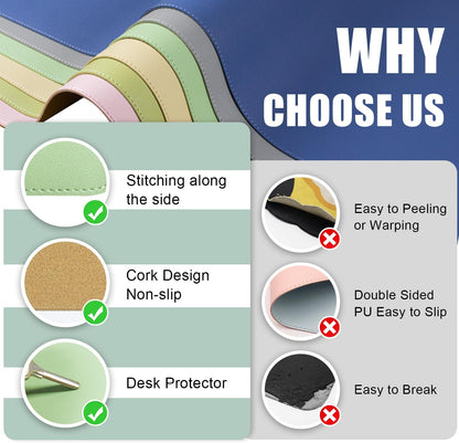 Dual-Sided Desk Pad, Natural Cork & PU Leather Mouse Pad for Desk, Desk Pad Protector, Non-Slip Desk Mat for Office and Home Work, (Light Green, 23.6" x 13.7")