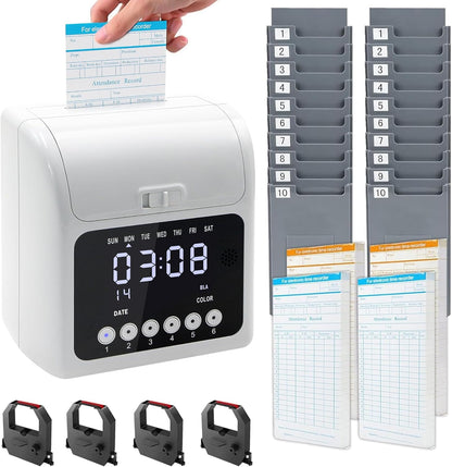 Time Clock Bundle for Small Business, Passcode Time Clock Punch Machine with 200 Time Cards, 4 Ink Ribbons, 2 Ten-Slot Time Card Racks, Auto-Align Clock in Machine for Employees