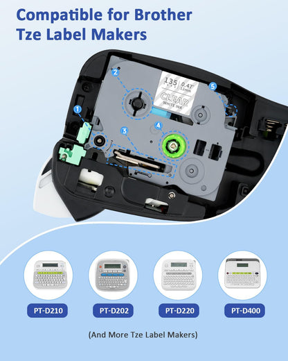 Tze135 Tze 12mm 0.47 Laminated White on Clear Label Maker Tape Compatible for Brother Tze-135 Tz-135 Tz 1/2 Refill Work for Ptouch PT-D210 PT-D220 PT-H110 PT-D400 PT-D600, White on Clear, 4 Pack