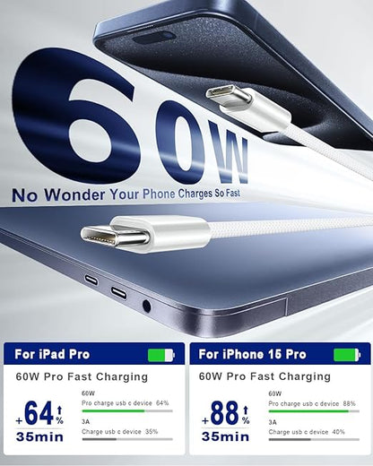 USB C to USB C Cable for Apple Certified 60W 2-Pack 10ft Type C to C Fast Charger Cord for iPhone 17 16 Pro Max 15 Pro Max Plus Samsung S23 Note 20 iPad Pro Air Mini MacBook Air