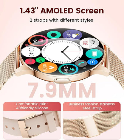 Smart Watches for Women with Make/Answer Calls, 7,99 mm Ultra-Thin Elegant Fitness Tracker with 1,43'' HD AMOLED Display, IP68 Waterproof, 100+ Sports Modes, Women's Health for iOS Android, Rose Gold