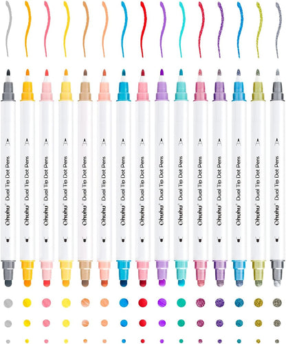Ohuhu Dual Tip Dot Markers: 15 Colors Dot Marker Pens (Fine & Dot) for Kids Adults Water-Based Ink Metallic & Regular Colors Dot Pens for Journaling Scrapbooking DIY Highlighting Drawing Markers