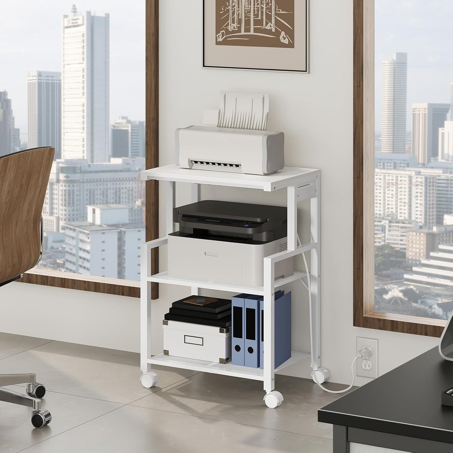 Mobile Printer Stand, 3-Tier Industrial Printer Cart with 2 AC Outlets and 2 USB Ports, Rolling Printer Table on Wheels for Home Offices Kitchen Organization Rack, White PTWT78E01