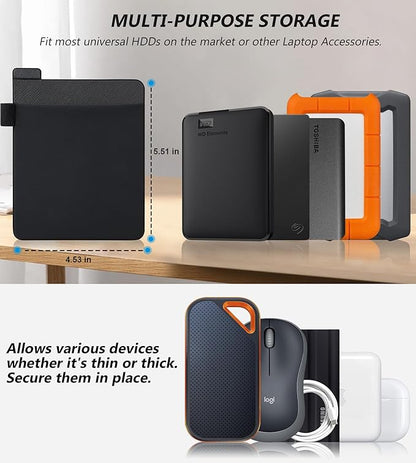 Lacdo Portable External Hard Drive Sleeve for Laptop, Stick on Pouch Holder with Reusable Adhesive, Fit 2.5" Seagate, WD, Toshiba, LaCie External HDD, SSD, Wireless Mouse, Cables, with Pen Loop, Black