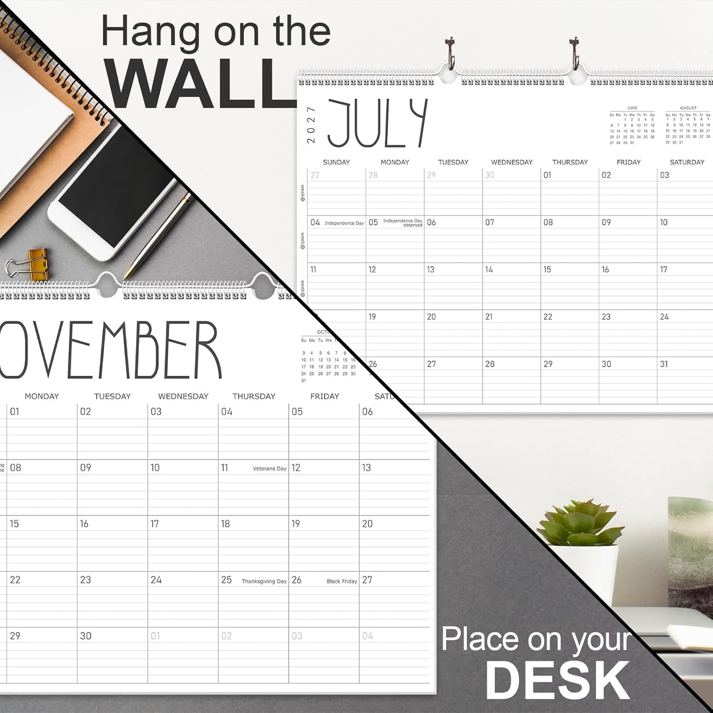 GuassLee Large Wall Calendar 2026-2027, 24-Month 22" x 17" Wall Calendar from Jan. 2026 to Dec. 2027, Large Desktop Hanging Monthly Planner with Thick Paper, Ruled Blocks for Home School Office