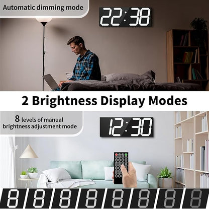18.7'' Automic Digital Wall Clock, LED Digital Clock with Large Display, Multi-Function Wall Clock with Alarm and Timer, Auto Time Sync Clock with Adjustable Brigthness(White)