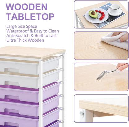 Rolling Cart with Drawers,Utility Cart With 8 Drawers and Wooden Tabletop for Living Room,Classroom,Bedroom,Bathroom,Dorm,Office,Purple