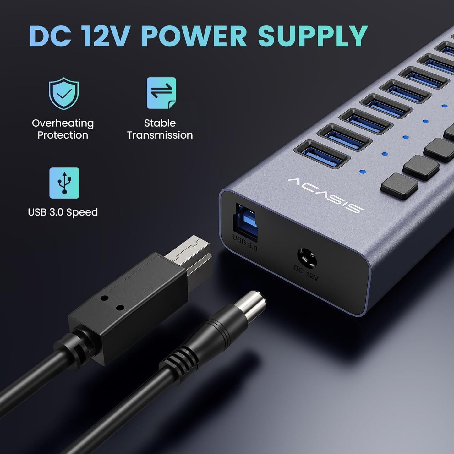 90W Powered USB Hub - ACASIS 16 Ports USB 3.0 Data Port, Aluminum Housing, Individual On/Off Switches, 12V/7.5A Power Adapter, USB Splitter for Laptop, PC, Computer, Printer