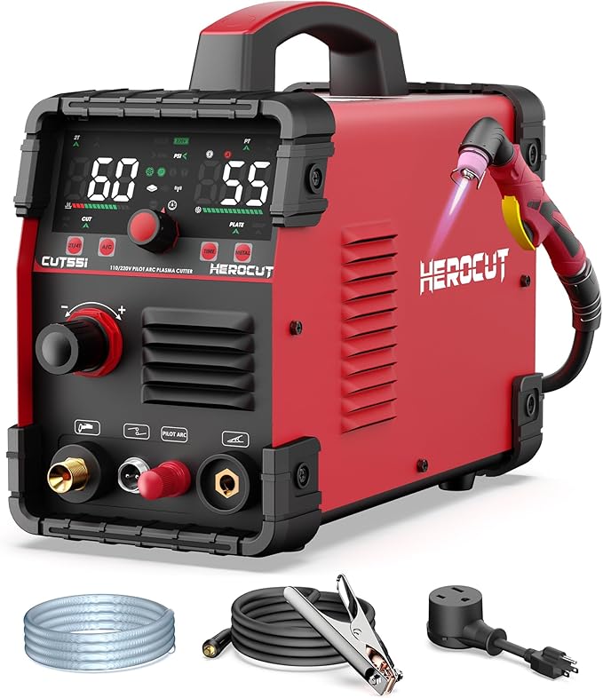 Plasma Cutter, 55Amps HEROCUT Plasma Cutter Machine CUT55i, Non-Touch Pilot Arc, 110/220V Dual Voltage IGBT Inverter, Screen Display, Air Sensor, 1/2'' Clean Cutting Thickness, 2T/4T for Beginners DIY