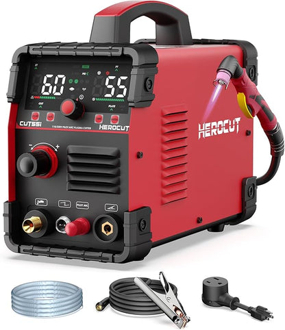 Plasma Cutter, 55Amps HEROCUT Plasma Cutter Machine CUT55i, Non-Touch Pilot Arc, 110/220V Dual Voltage IGBT Inverter, Screen Display, Air Sensor, 1/2'' Clean Cutting Thickness, 2T/4T for Beginners DIY