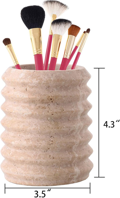 WORHE Pen Holder Stand for Desk, Natural Travertine Stone Makeup Brush Holders, Modern and Functional Pencil Cup for Office Supplies Tableware Organizer for Home Decor School Beige (PH90110)