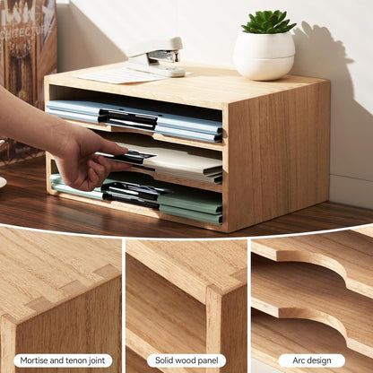 KIRIGEN Wooden Desktop Organizer Paper Storage Letter Tray File Sorter - Desk Rack Magazine File Dividers Holders for Home Office Accessories Wood Desk Cabinet with 3 Layer Trays Natural(3KWJG-NA)