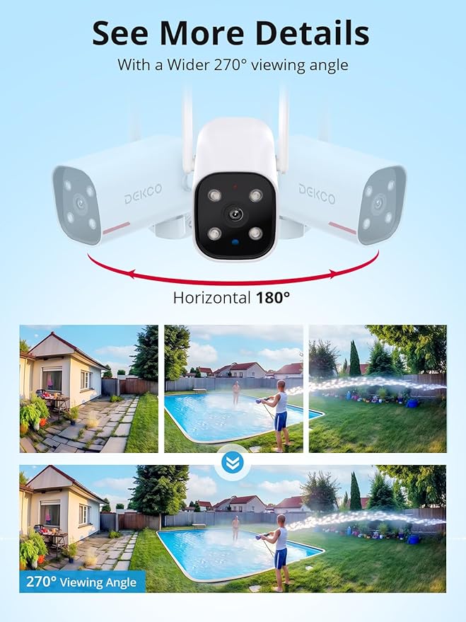 DEKCO WiFi Camera 2K Pan Rotating 180° Wired Outdoor Security Cameras with Color Night Vision, Support 24/7 Recording, 2.4GHz WiFi, AI Human Auto Tracking, Work with Alexa/Google Assistant (1 Pack)