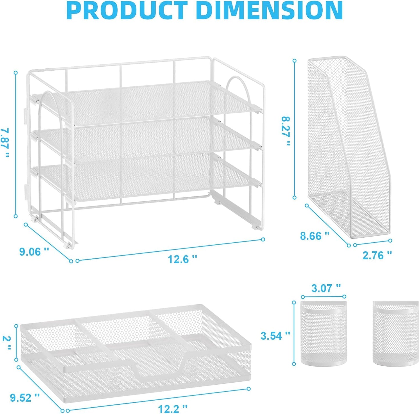 Marbrasse Desk Organizer and Accessories，4-Tier Paper Letter Tray Organizer with File Holder, Desk Accessories & Workspace Desk Organizers with Drawer and 2 Pen Holder (White, 15.4" x 9.1" x 8.3")