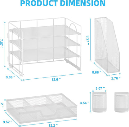 Marbrasse Desk Organizer and Accessories，4-Tier Paper Letter Tray Organizer with File Holder, Desk Accessories & Workspace Desk Organizers with Drawer and 2 Pen Holder (White, 15.4" x 9.1" x 8.3")