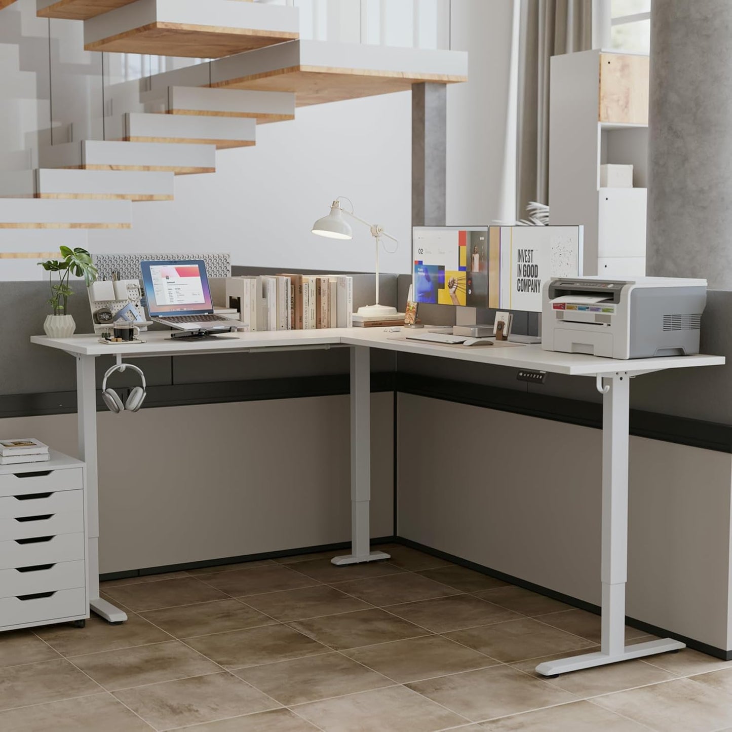 Agilestic L-Shaped Standing Desk Adjustable Height, Electric Corner Standing Desk, Sit Stand Up, 75x61 inch Sit Stand Computer Table, White