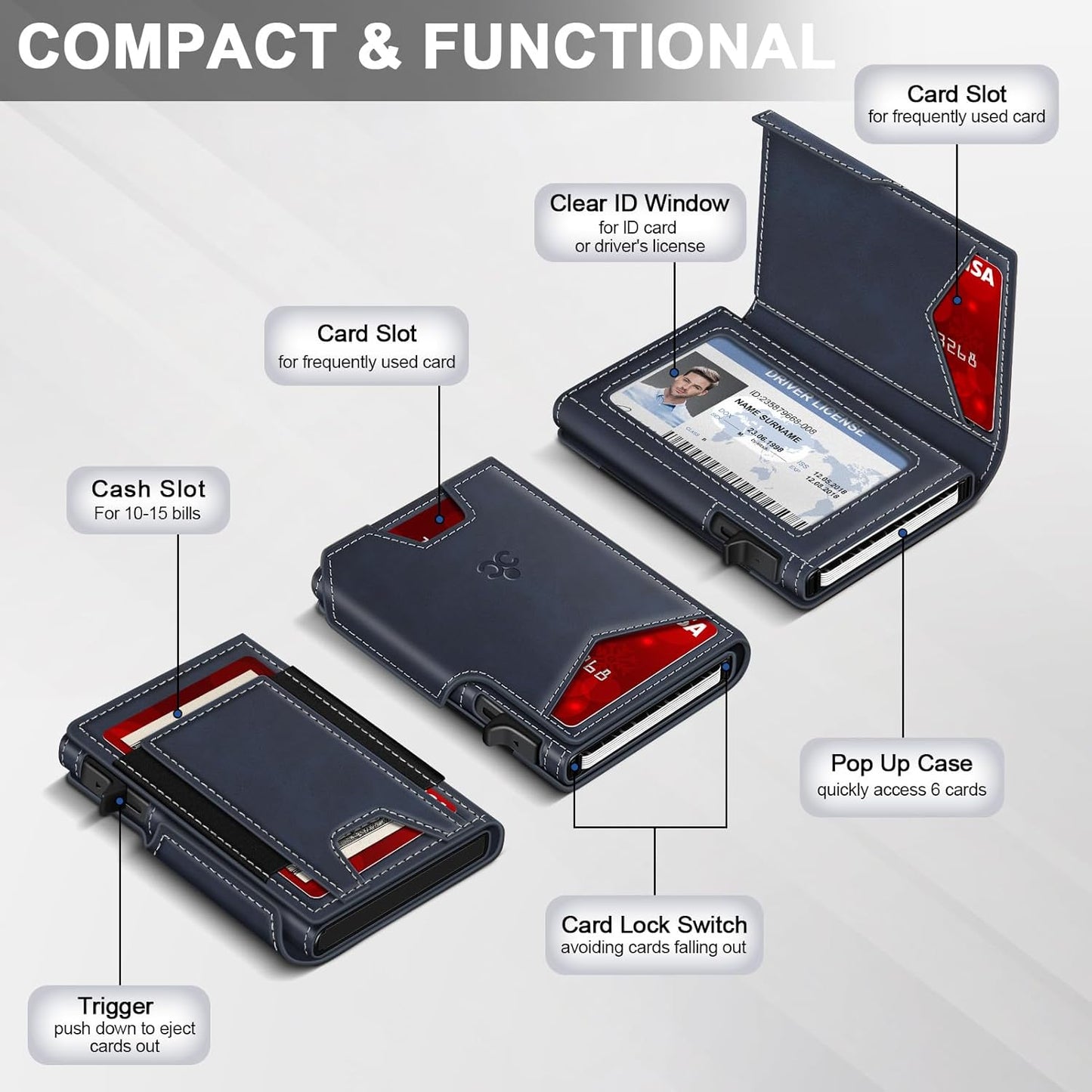 Wallet for Men Wallet with Slim Pop Up Card Holder 9-13 Cards, Bifold Minimalist Smart Wallet RFID Blocking Credit Card Holder with ID Window & Stretchable Cash Slot Compact Metal Aluminum Card Case