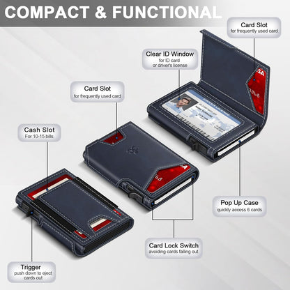 Wallet for Men Wallet with Slim Pop Up Card Holder 9-13 Cards, Bifold Minimalist Smart Wallet RFID Blocking Credit Card Holder with ID Window & Stretchable Cash Slot Compact Metal Aluminum Card Case